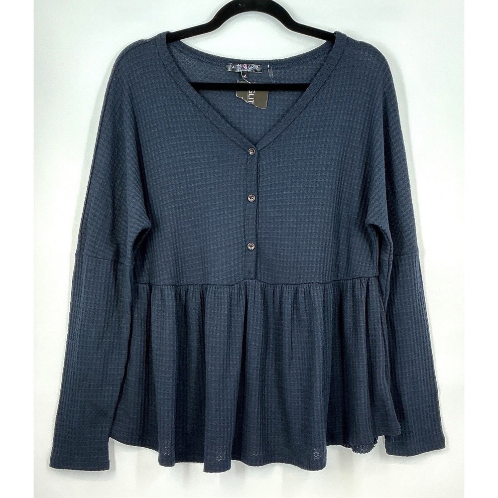 Glitzy Girlz L Navy Blue Waffle Knit Babydoll Henley Peplum Top Boho Cottagecore